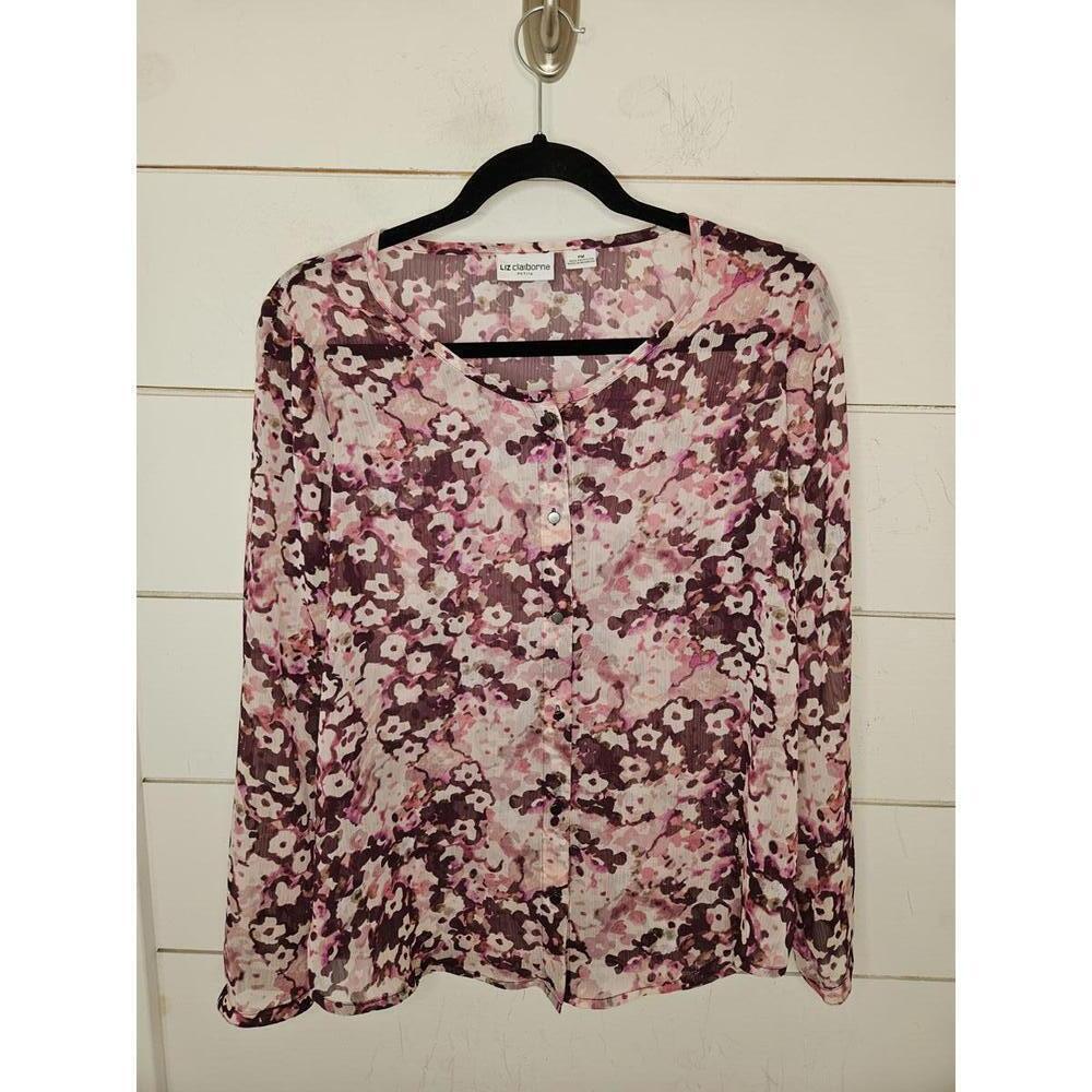 Liz Claiborne Petite Medium pink purple & white watercolor flower sheer blouse